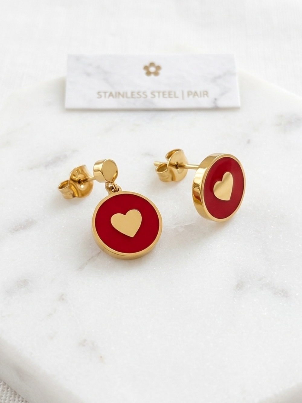 Tiffany Designs Gold-Tone Earrings with Red Heart Enamel